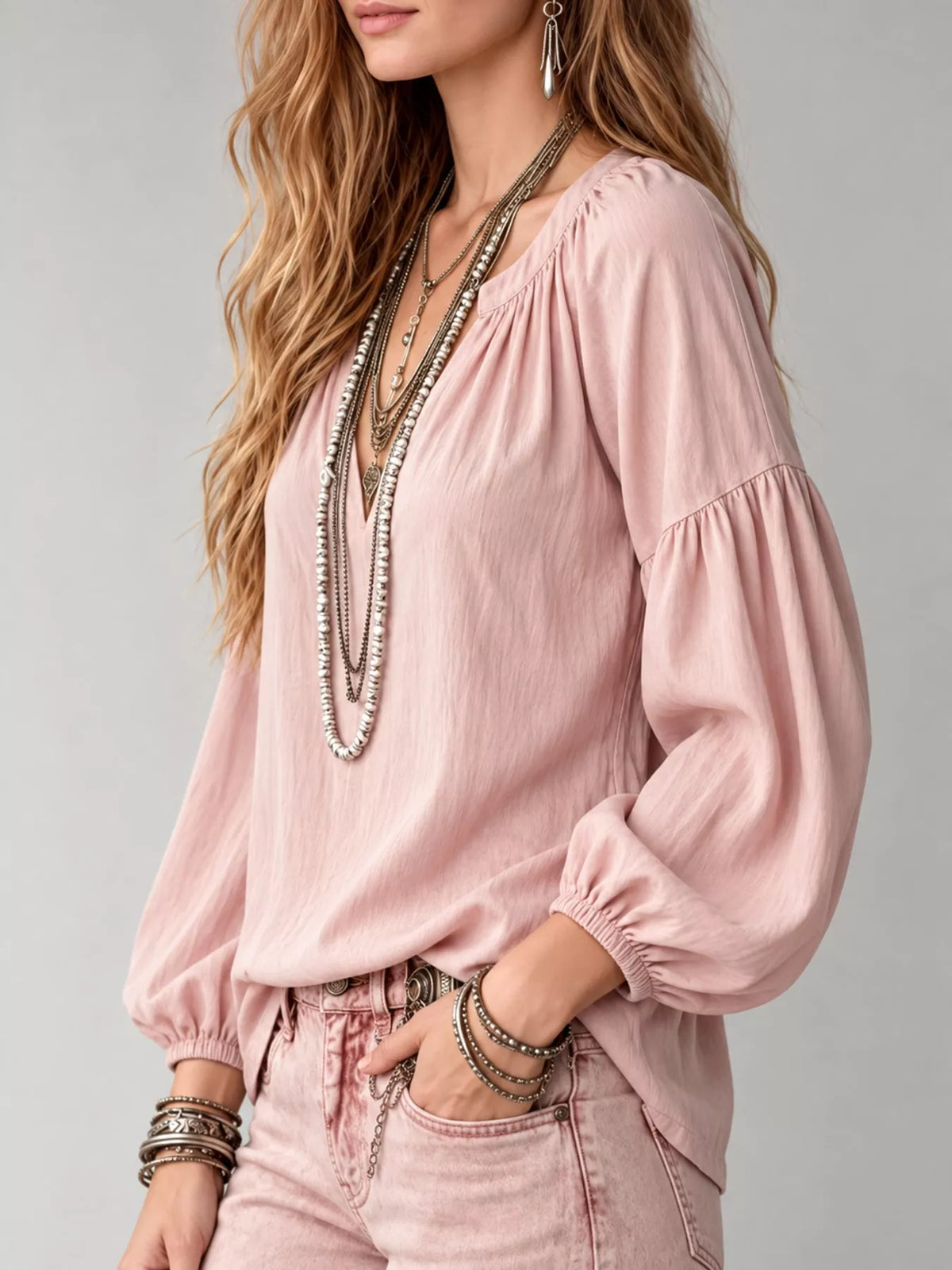 Notched Balloon Sleeve Blouse in pink, side view