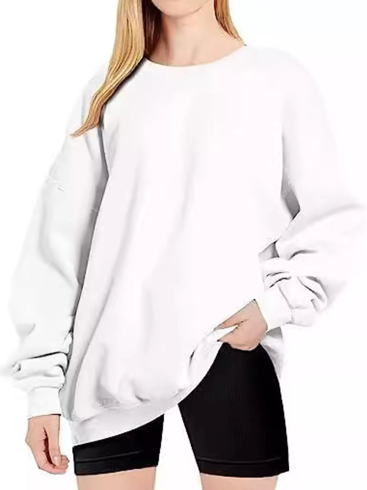 Ribbed Trim Crew Neck Sweatshirt in white, front view
