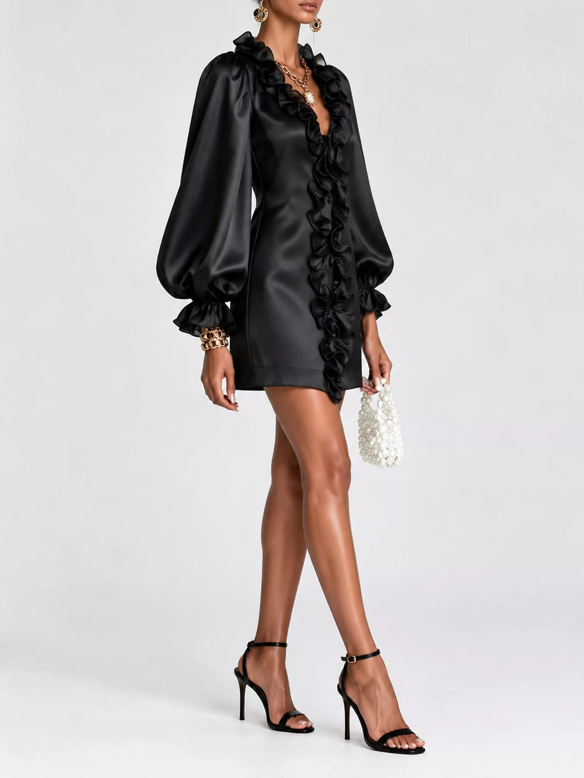 Ruffle Trim Puff Sleeve Mini Dress in black, side view