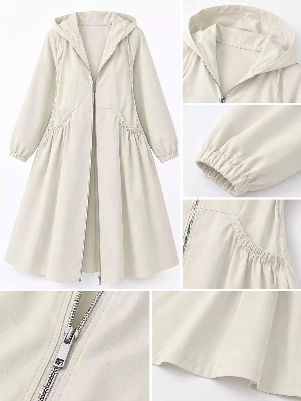 Hooded longline jacket, cream detail collage