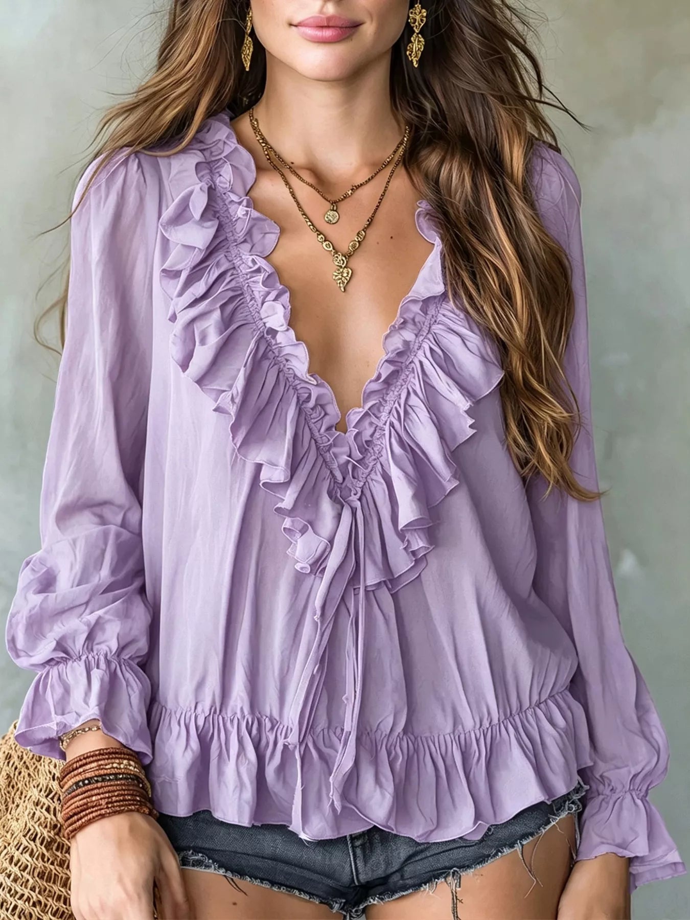 Trendsi Ruffle V-Neck Long Sleeve Blouse -