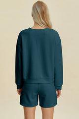 Trendsi Double Take Full Size Texture Round Neck Long Sleeve Top and Shorts Set - Shorts