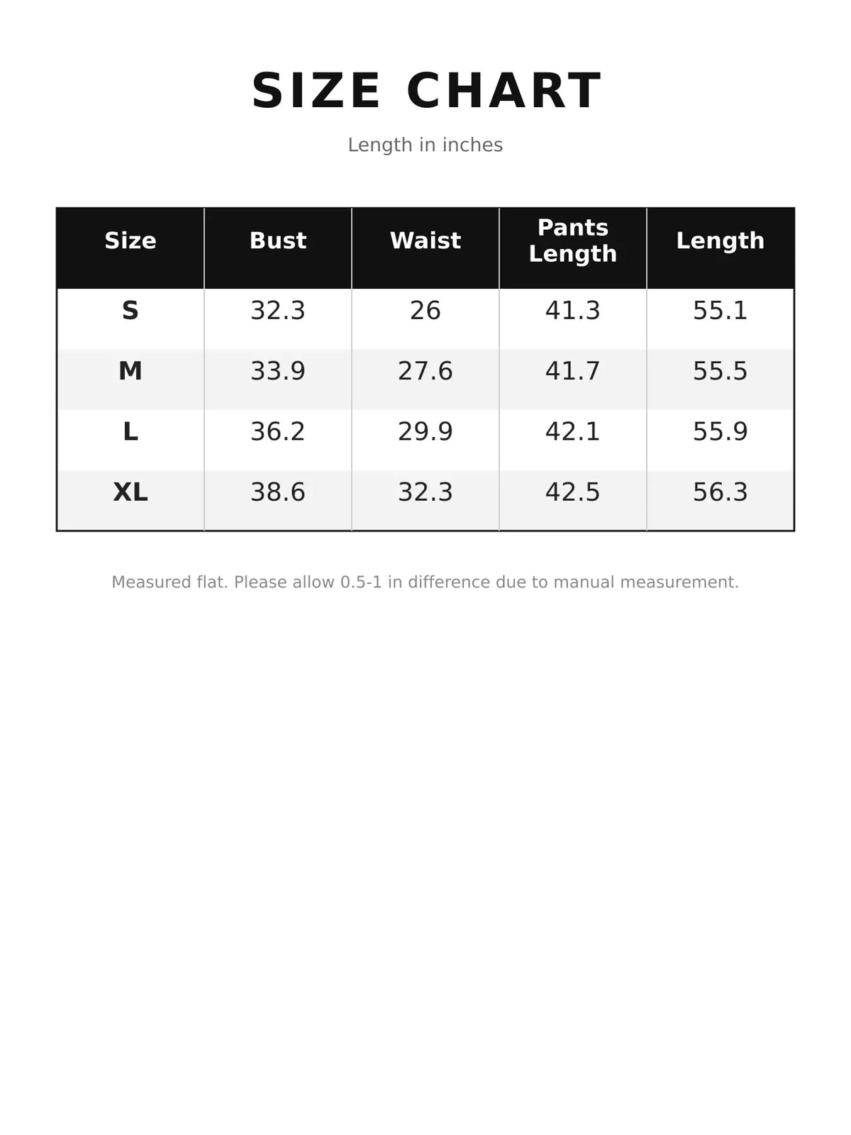 Size chart for lace short sleeve top and pants set