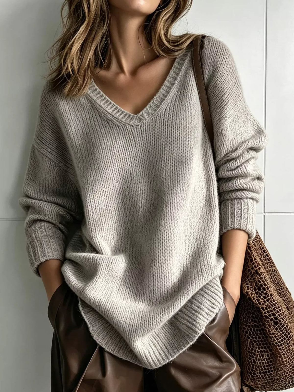 Trendsi V-Neck Dropped Shoulder Sweater -