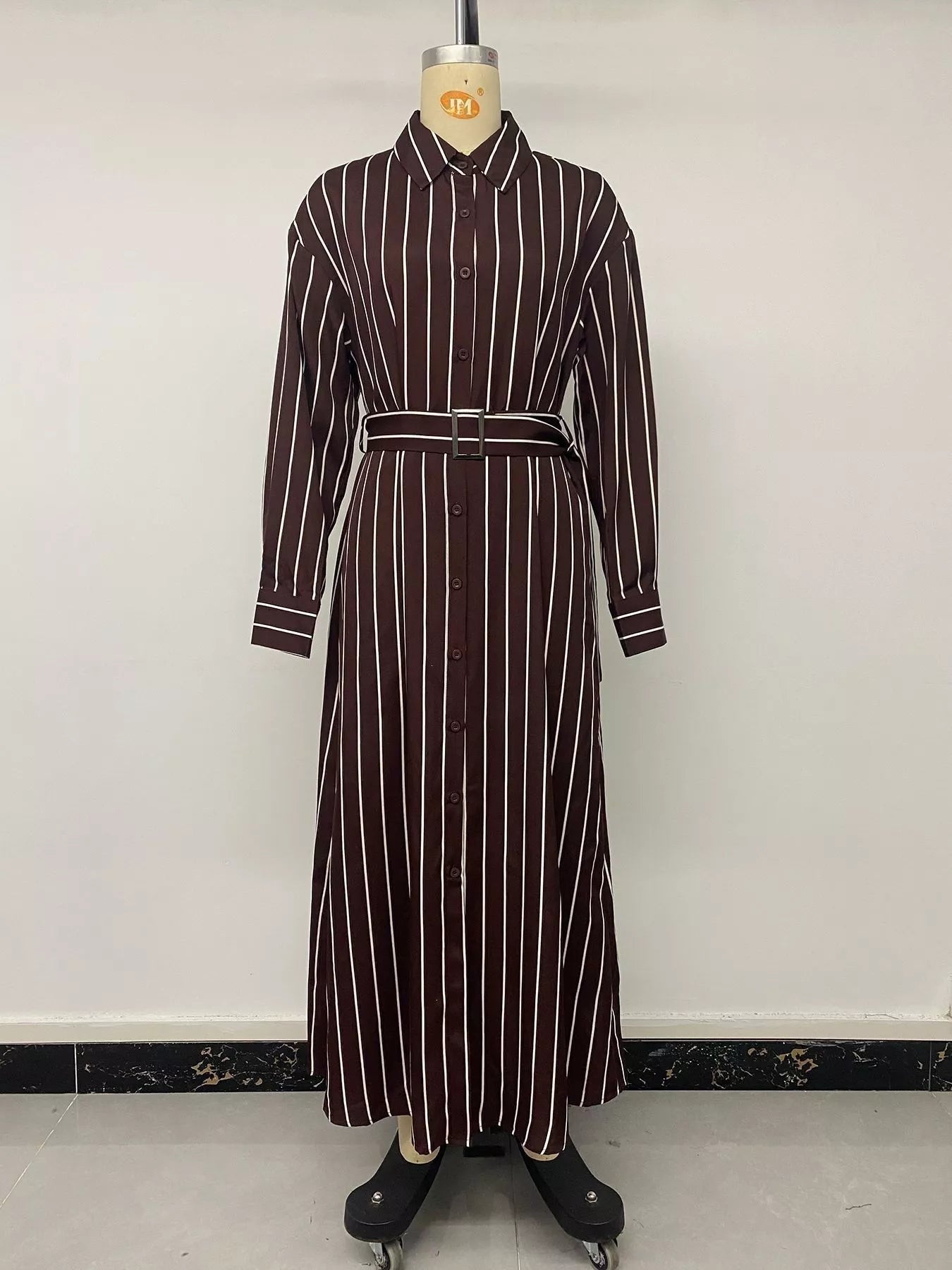 Trendsi Striped Long Sleeve Belted Shirt Dress -