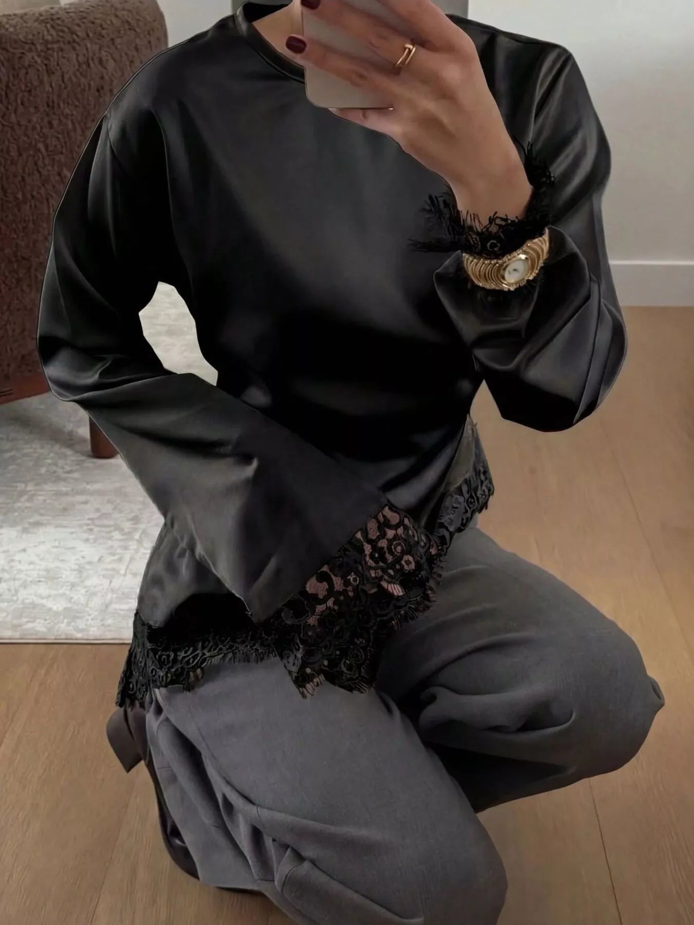 Trendsi Satin Lace Trim Flare Sleeve Blouse -