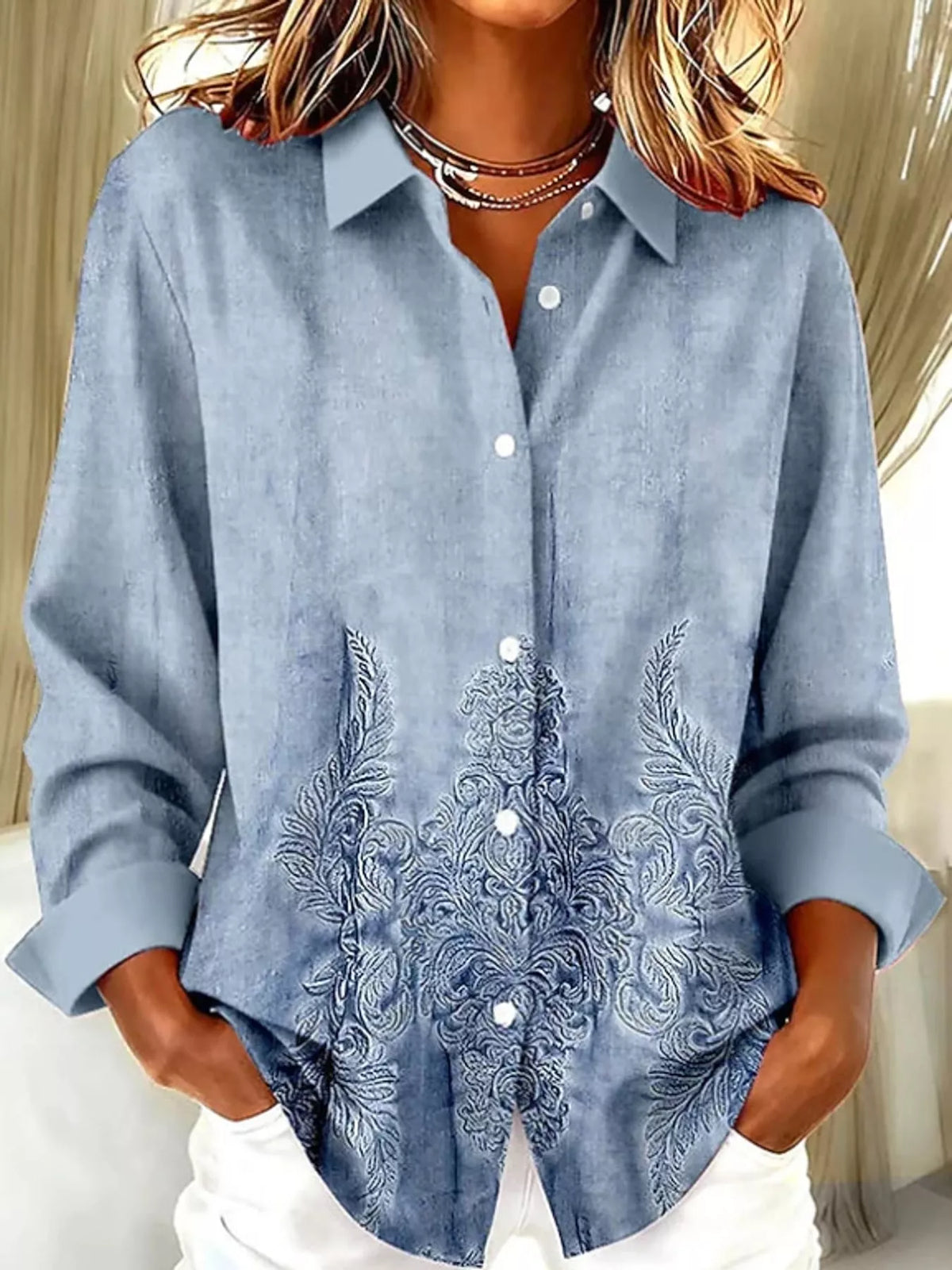 Blue with white decorative detailing long sleeve shirt