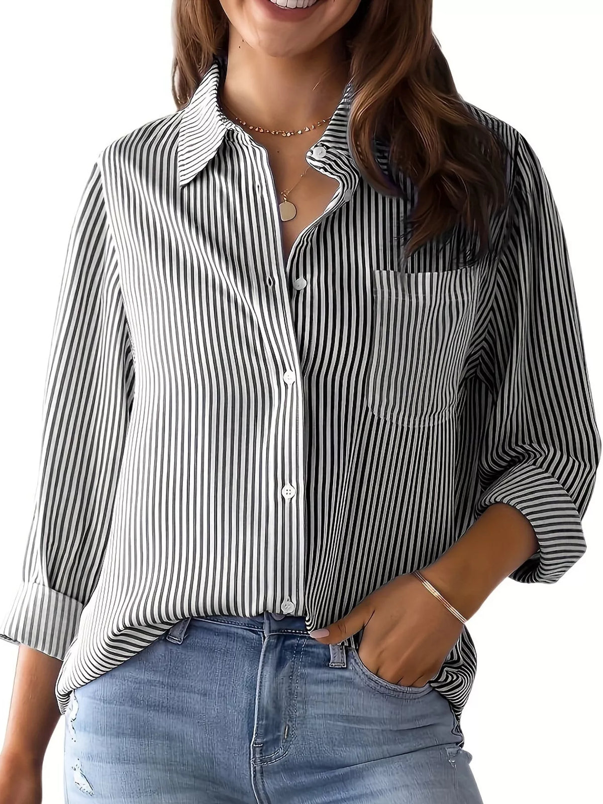 Striped long shirt, gray front