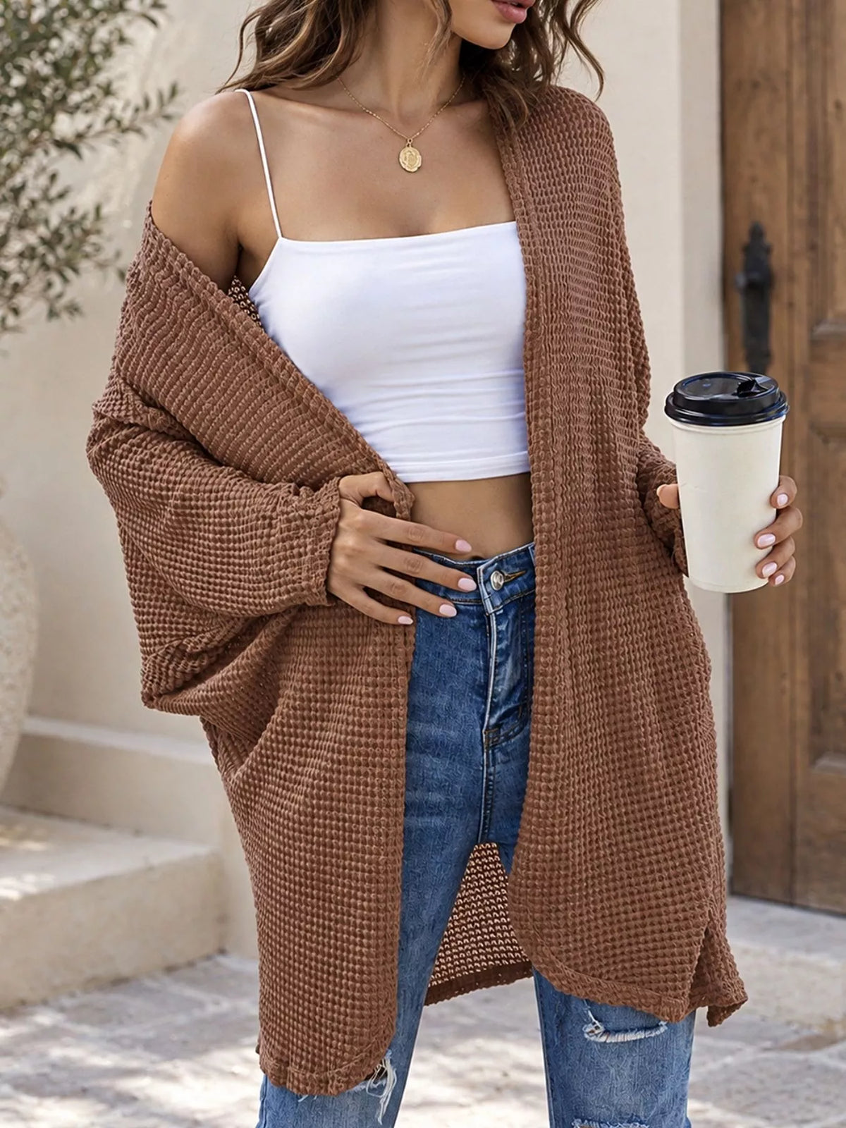 Women's Waffle Knit Open Front Oversized Cardigan in brown — front view