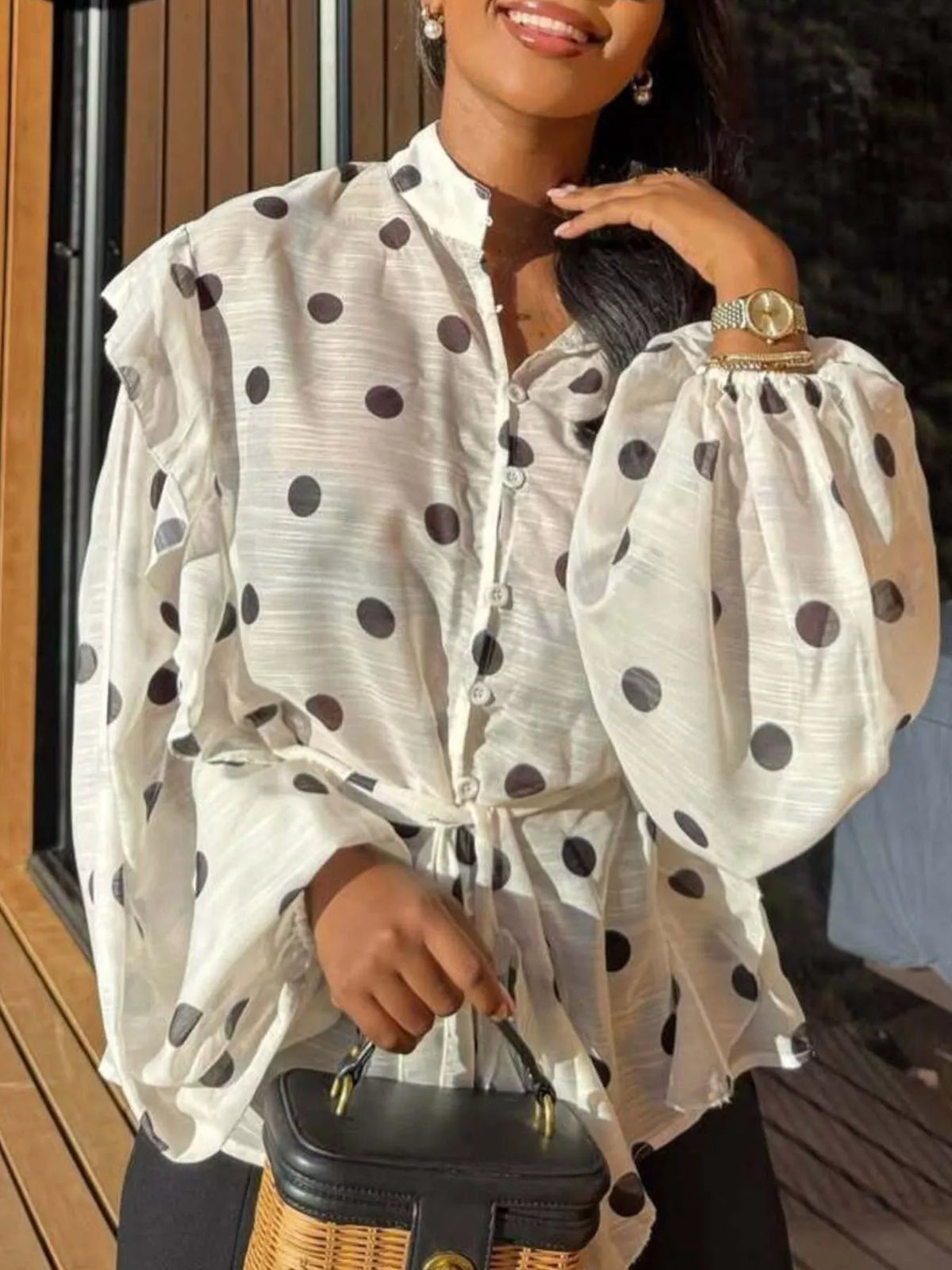 Collared long sleeve blouse, front view on model