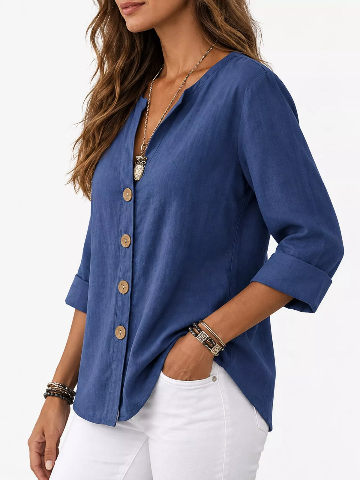 Notched-neck shirt, blue side