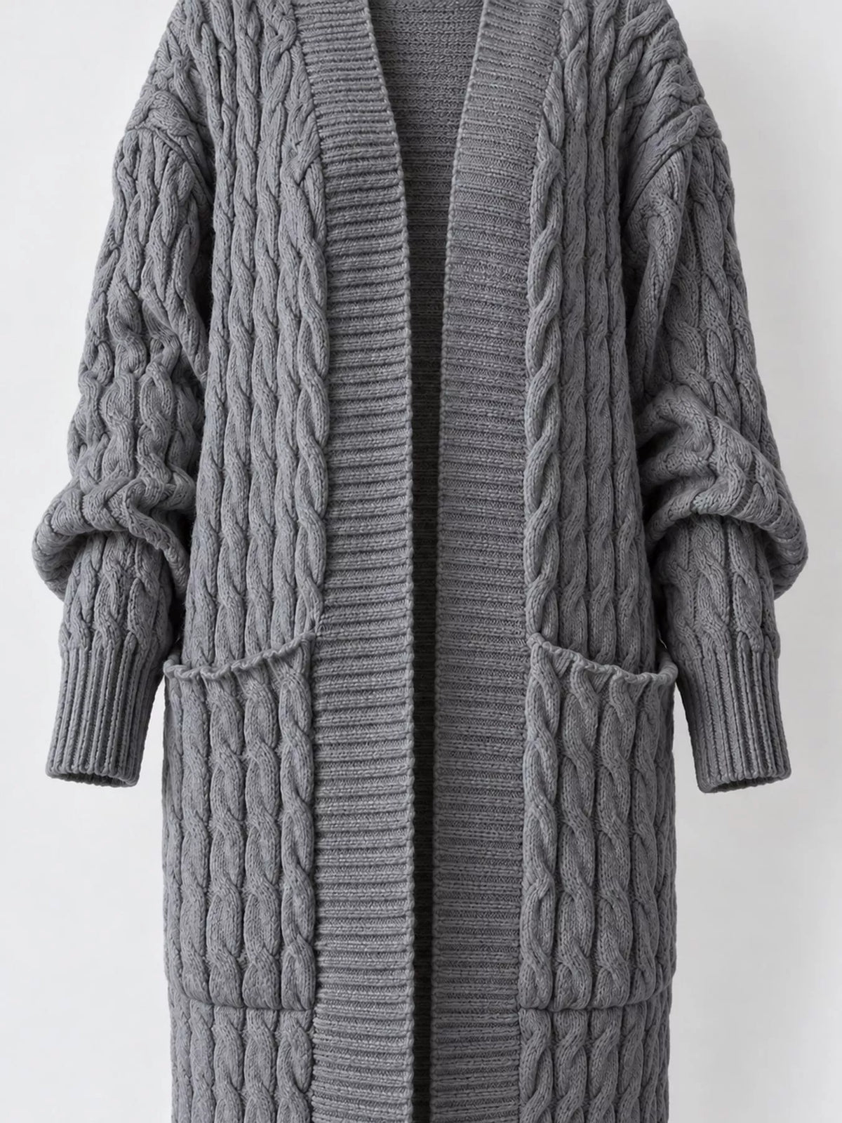 Gray cable-knit longline open-front cardigan