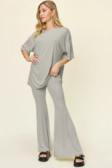 Trendsi Double Take Full Size Round Neck Drop Shoulder T-Shirt and Flare Pants Set - Pants