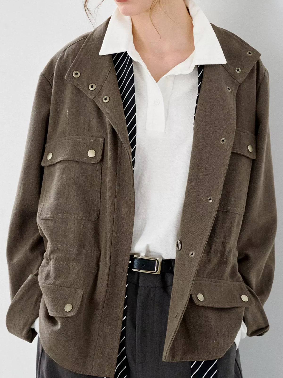 Drawstring utility jacket, brown front
