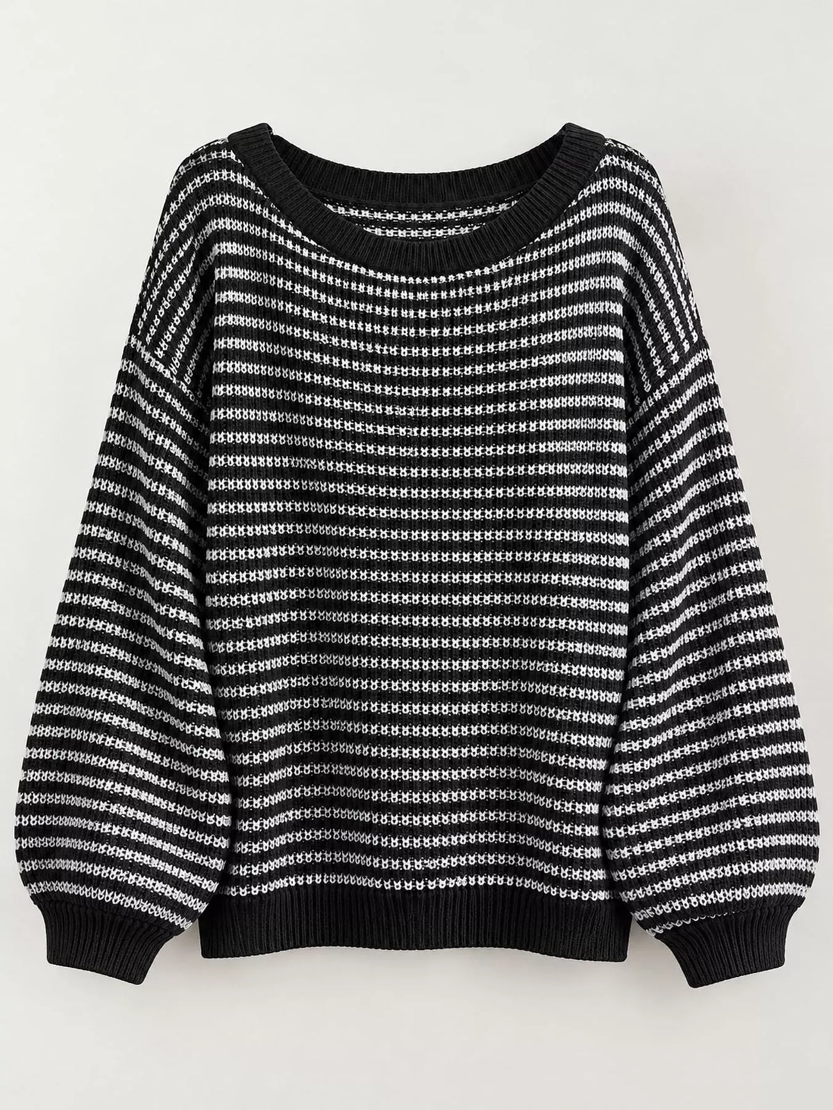 Black and white striped knit boat neck sweater