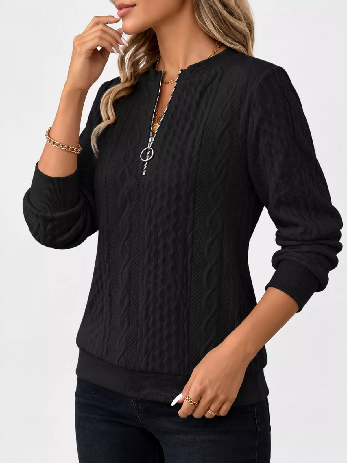 Quarter-Zip Cable Knit Sweatshirt — side view