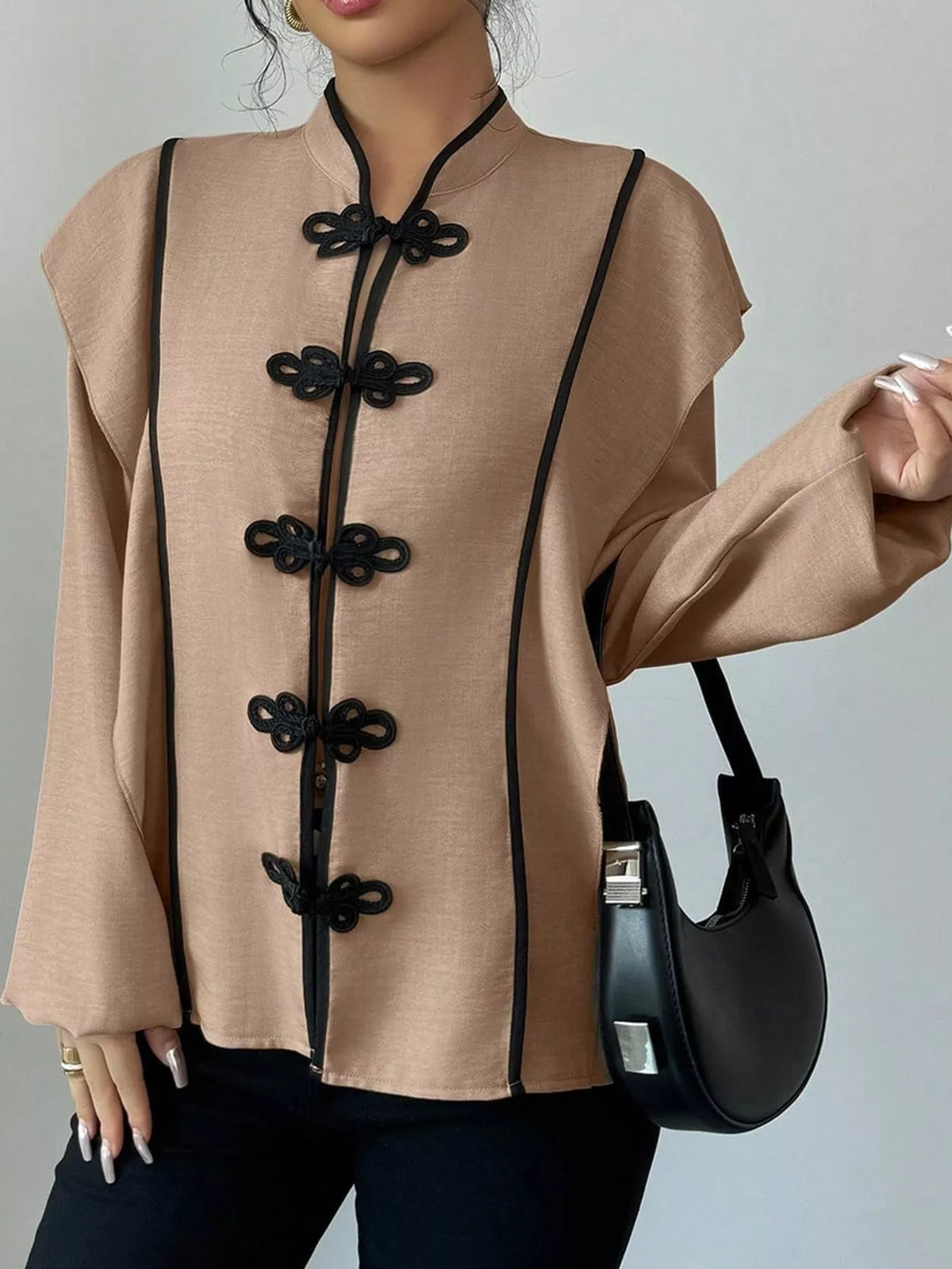 Brown chinese-style mandarin collar blouse