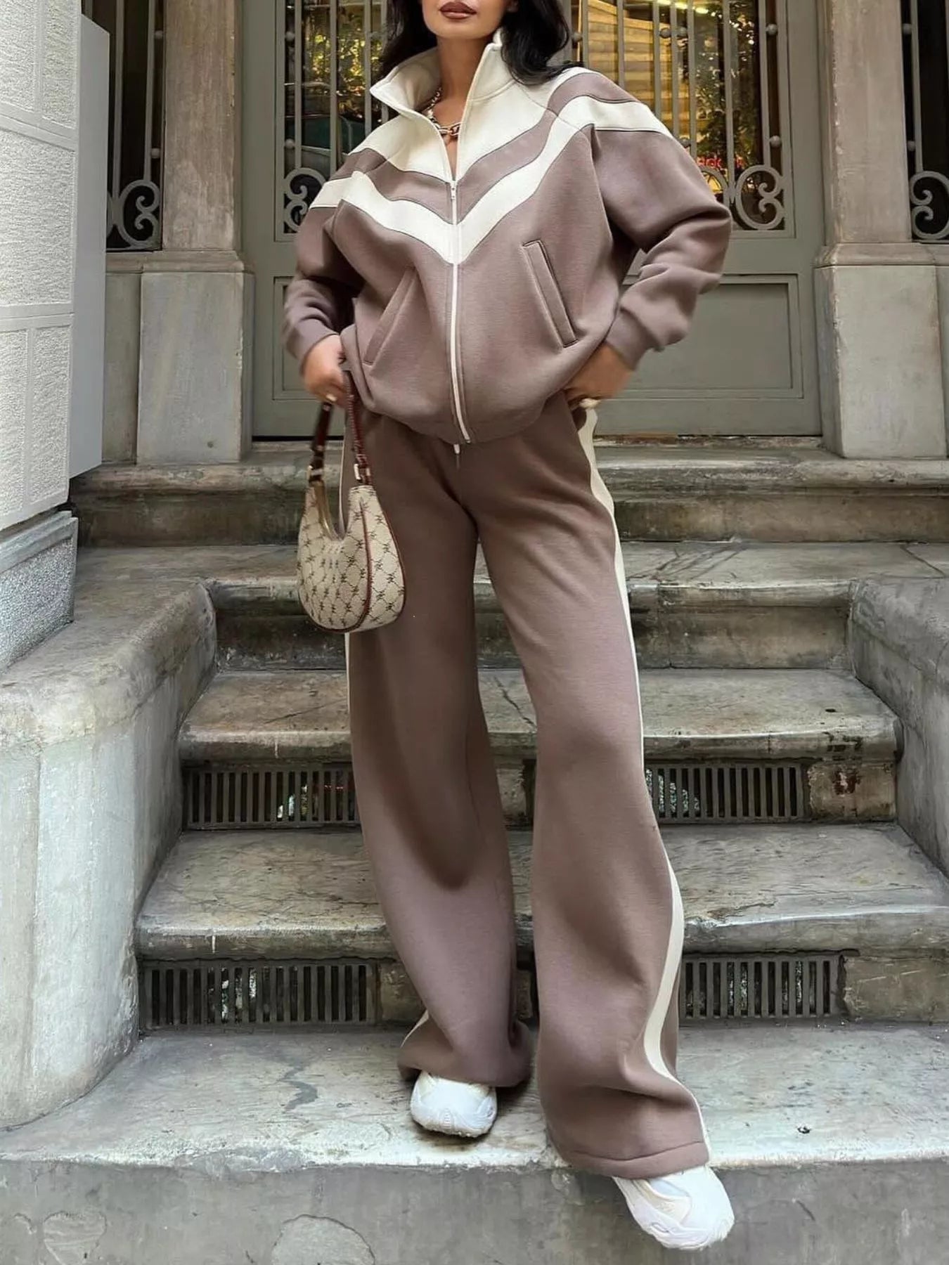 Trendsi Color Block Zip-Up Outerwear and Pants Set -