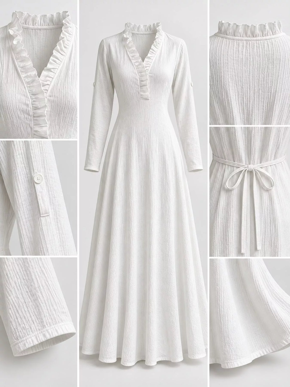 Frill-trim maxi dress, white detail collage