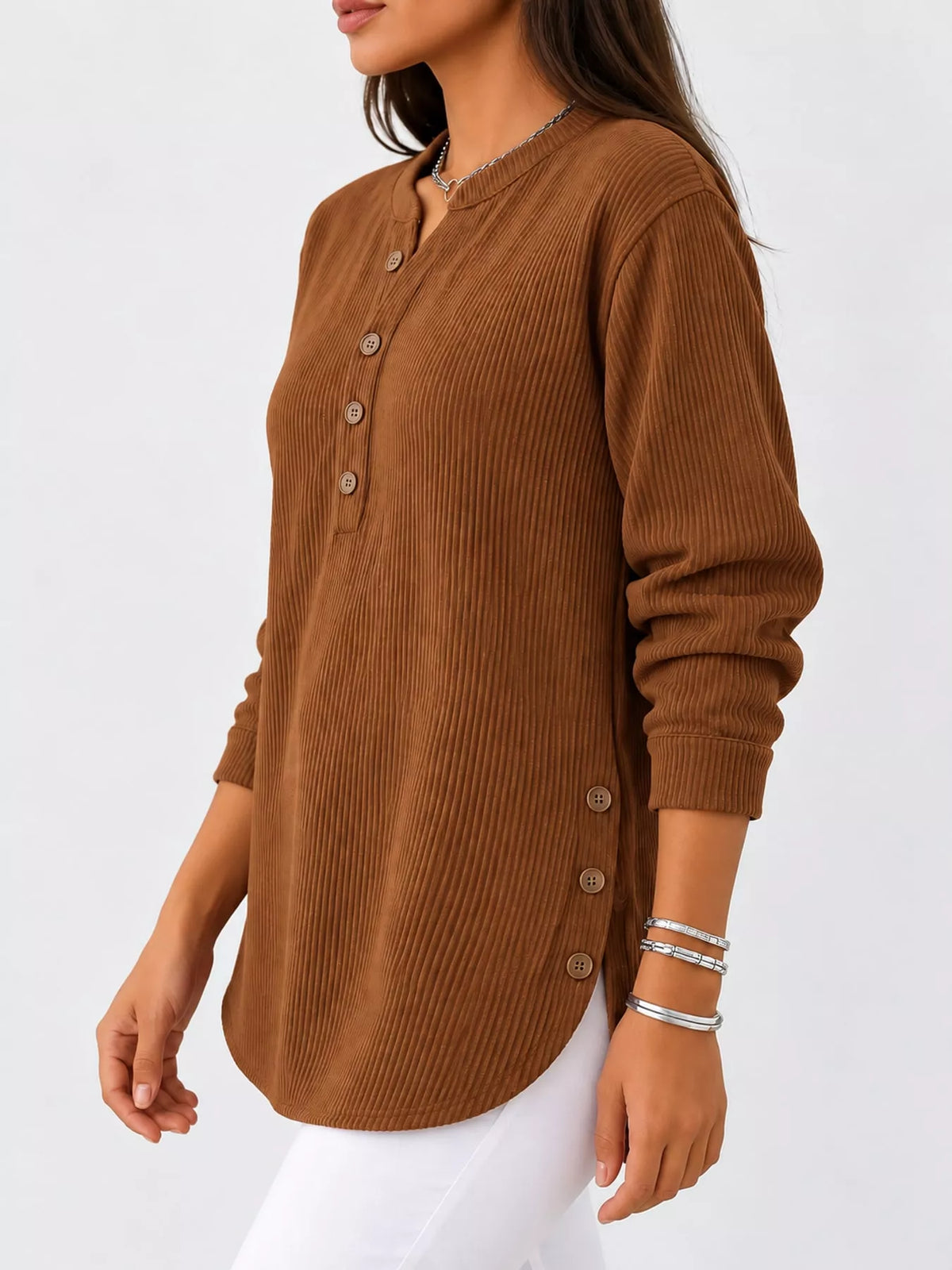 Chestnut brown button detail long sleeve top, side view