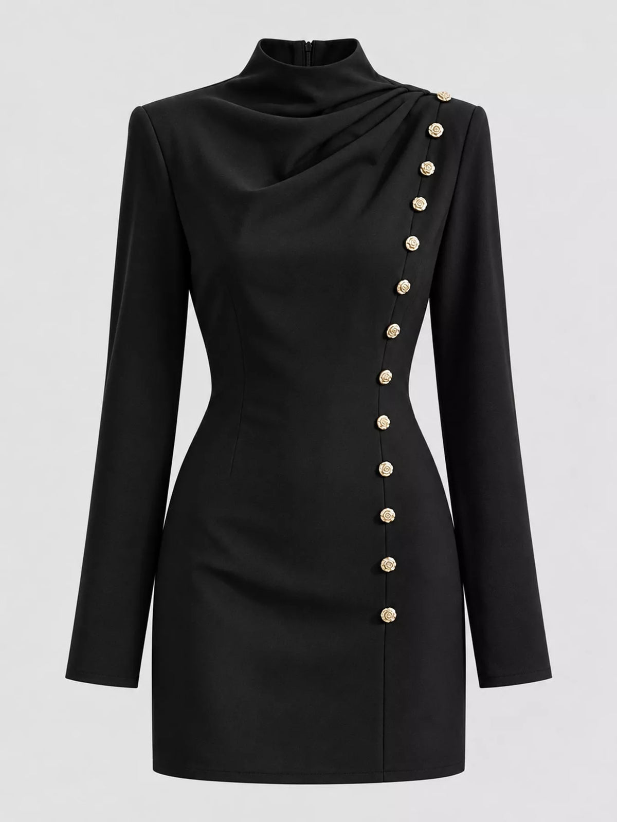 Black decorative button mock neck mini dress