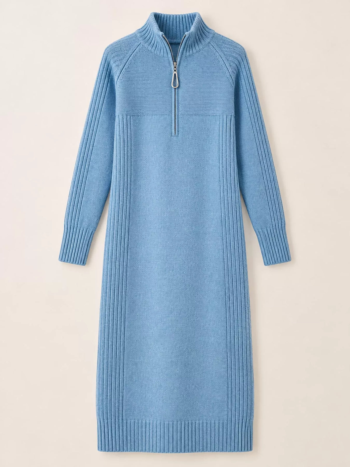 Blue half-zip ribbed knit sweater dress — front view