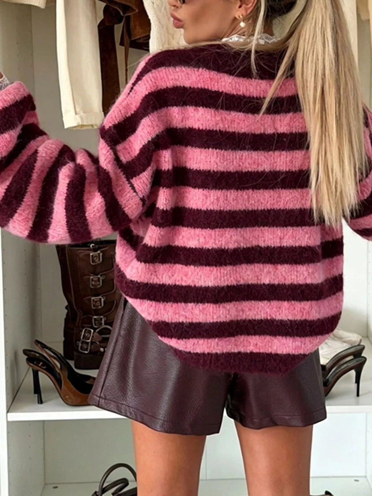 Pink and burgundy striped drop-shoulder sweater, back and shoulder detail
