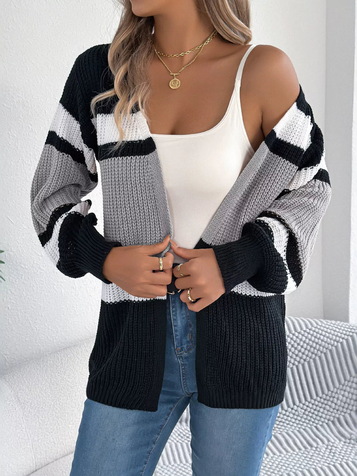 Gray color block open front knit cardigan