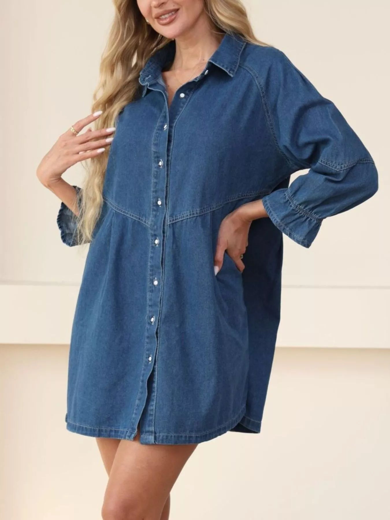 Trendsi Classic Button-Down Long Sleeve Denim Shirt Dress -