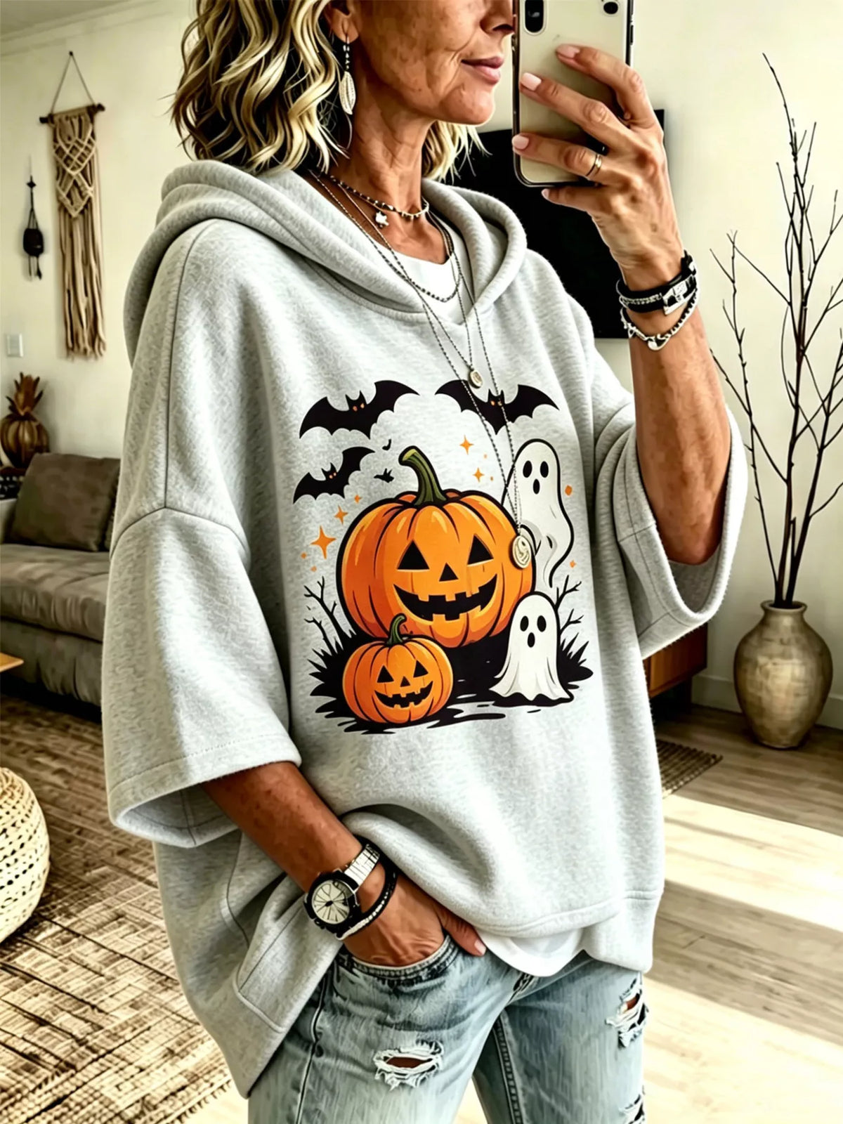 Gray oversized halloween pumpkin ghost hoodie