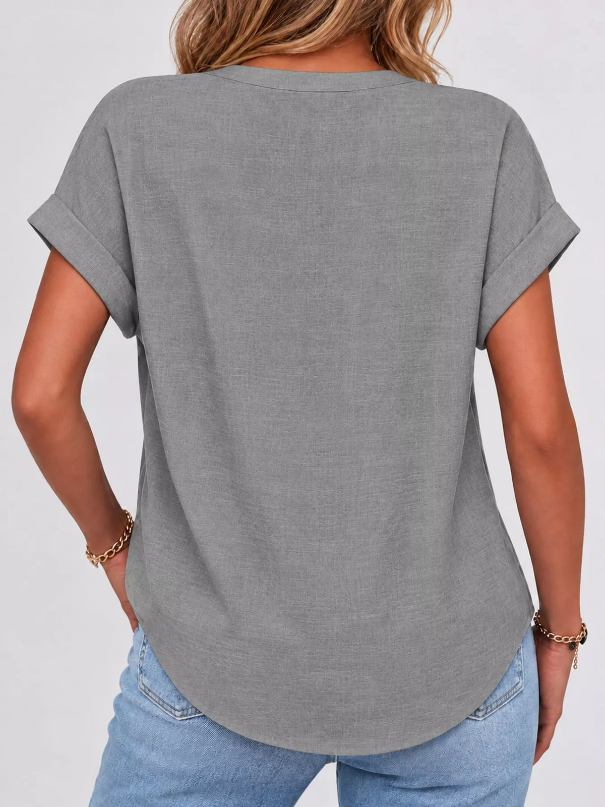 Gray button detail short sleeve blouse, back view