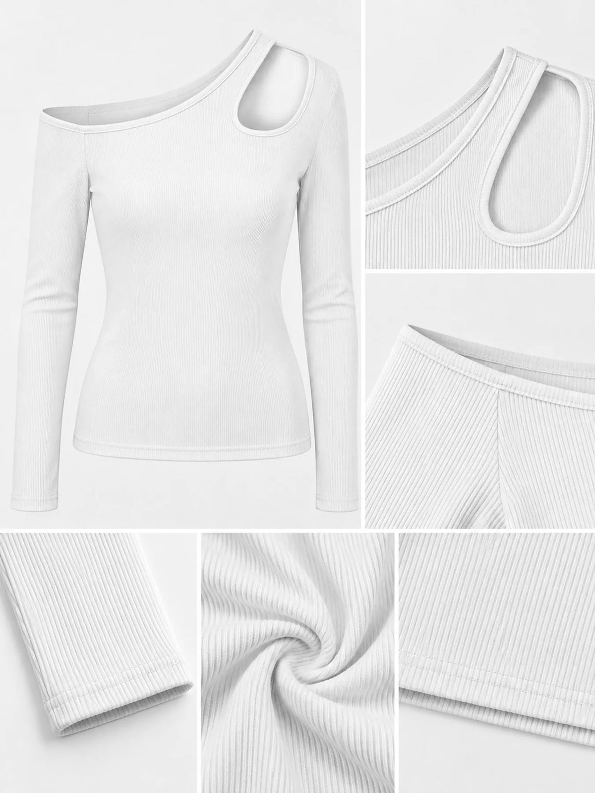 One-shoulder top, white detail collage