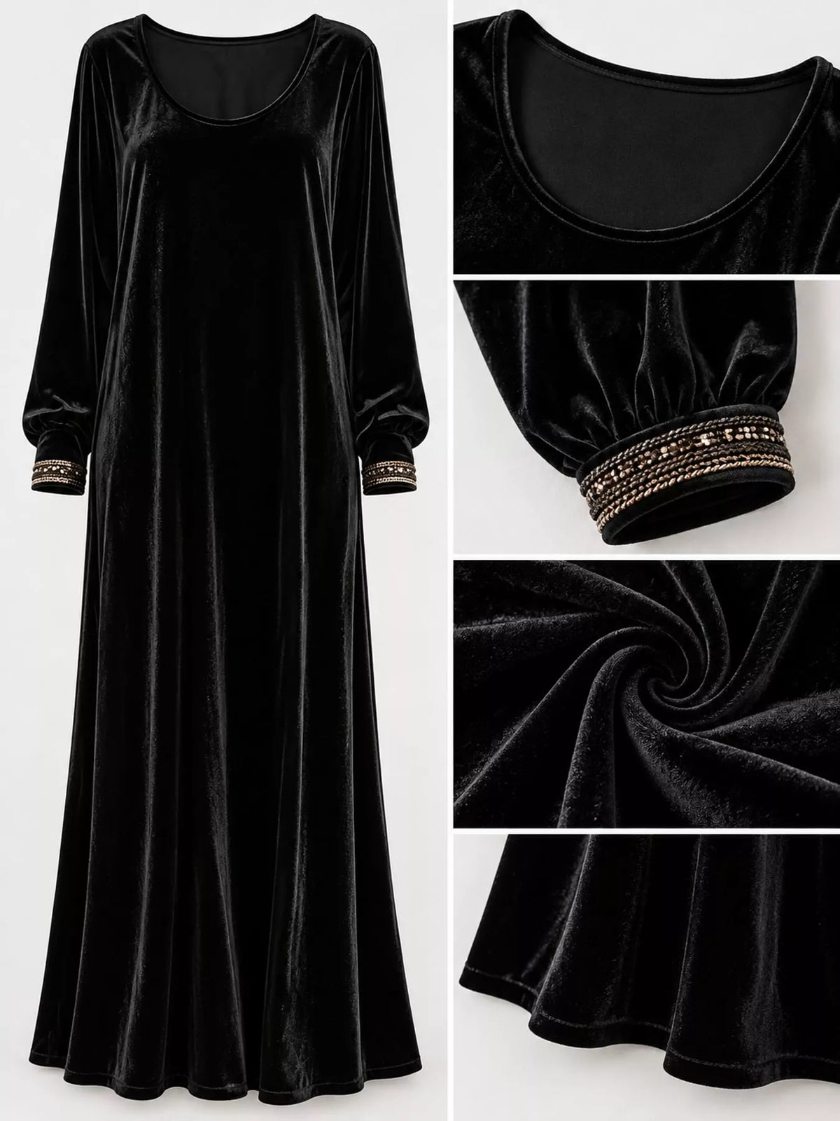Velvet maxi dress, black neckline cuff fabric collage