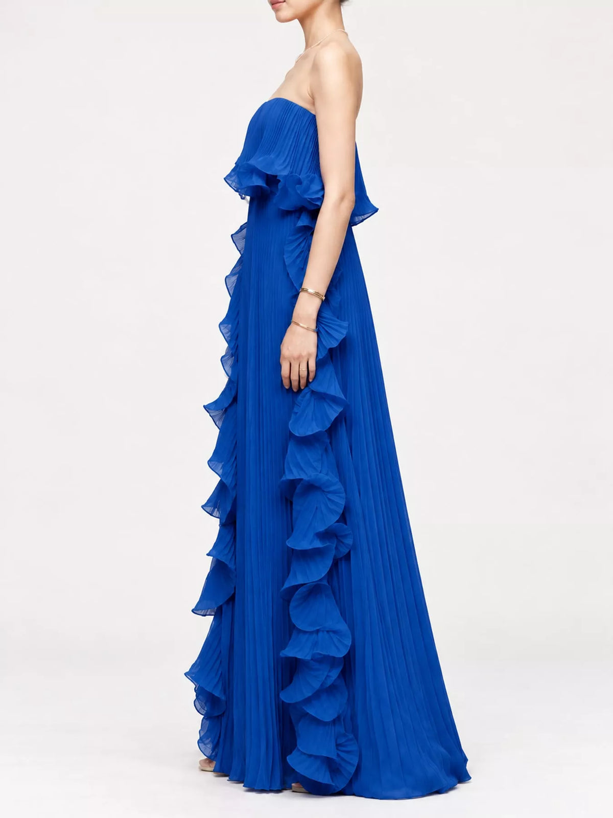 Ruffled Strapless Pleated Maxi Dress — side view