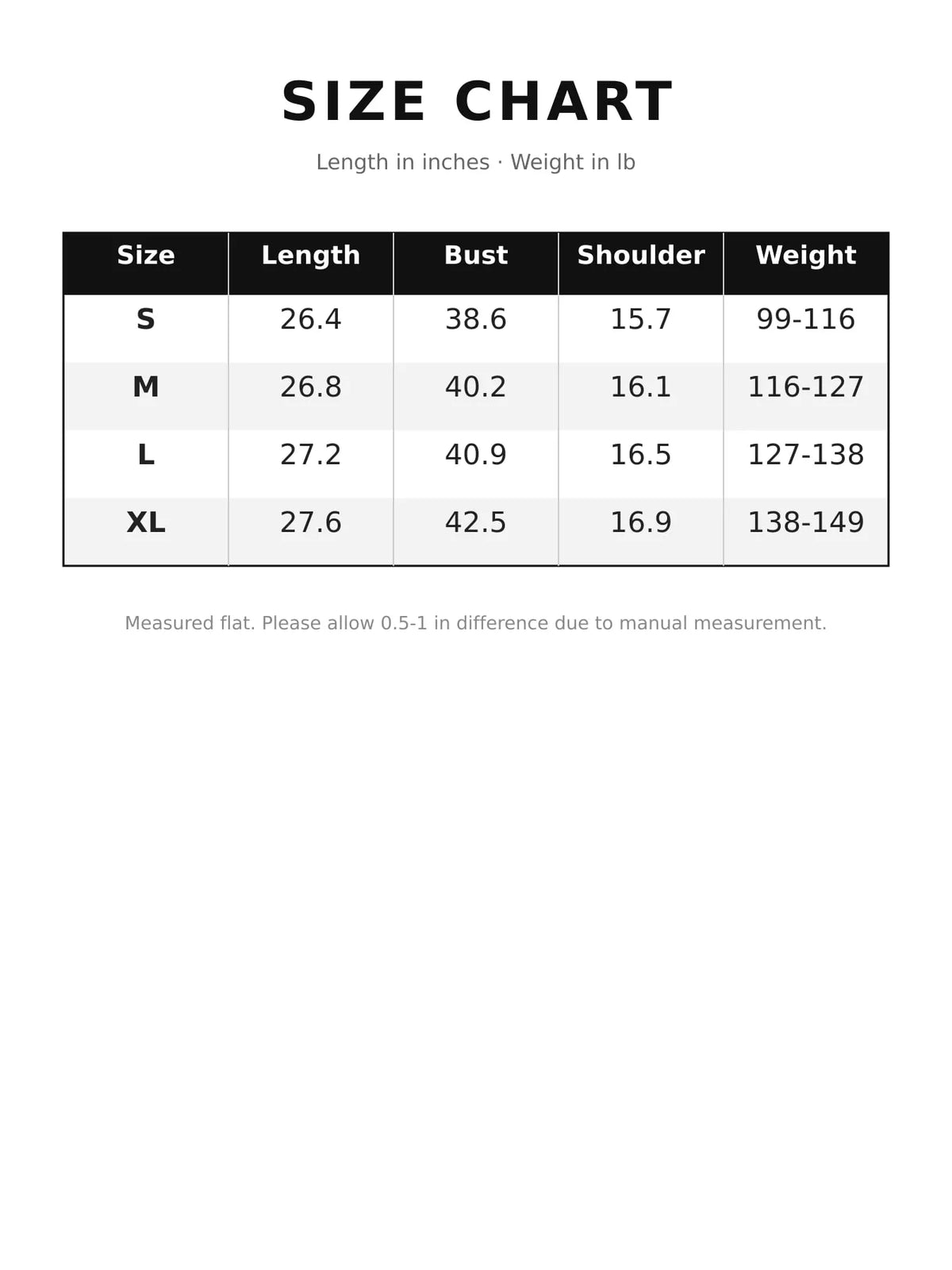 Size chart for snap down cropped denim shacket