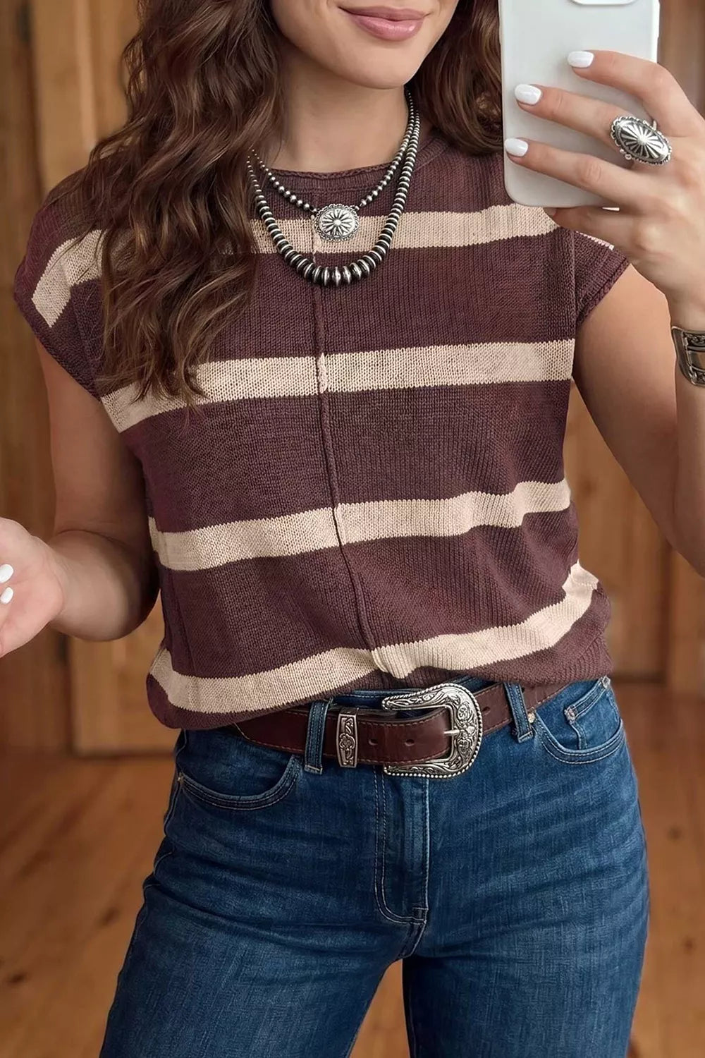 Trendsi Stripe Knit Western Short Sleeve Sweater -