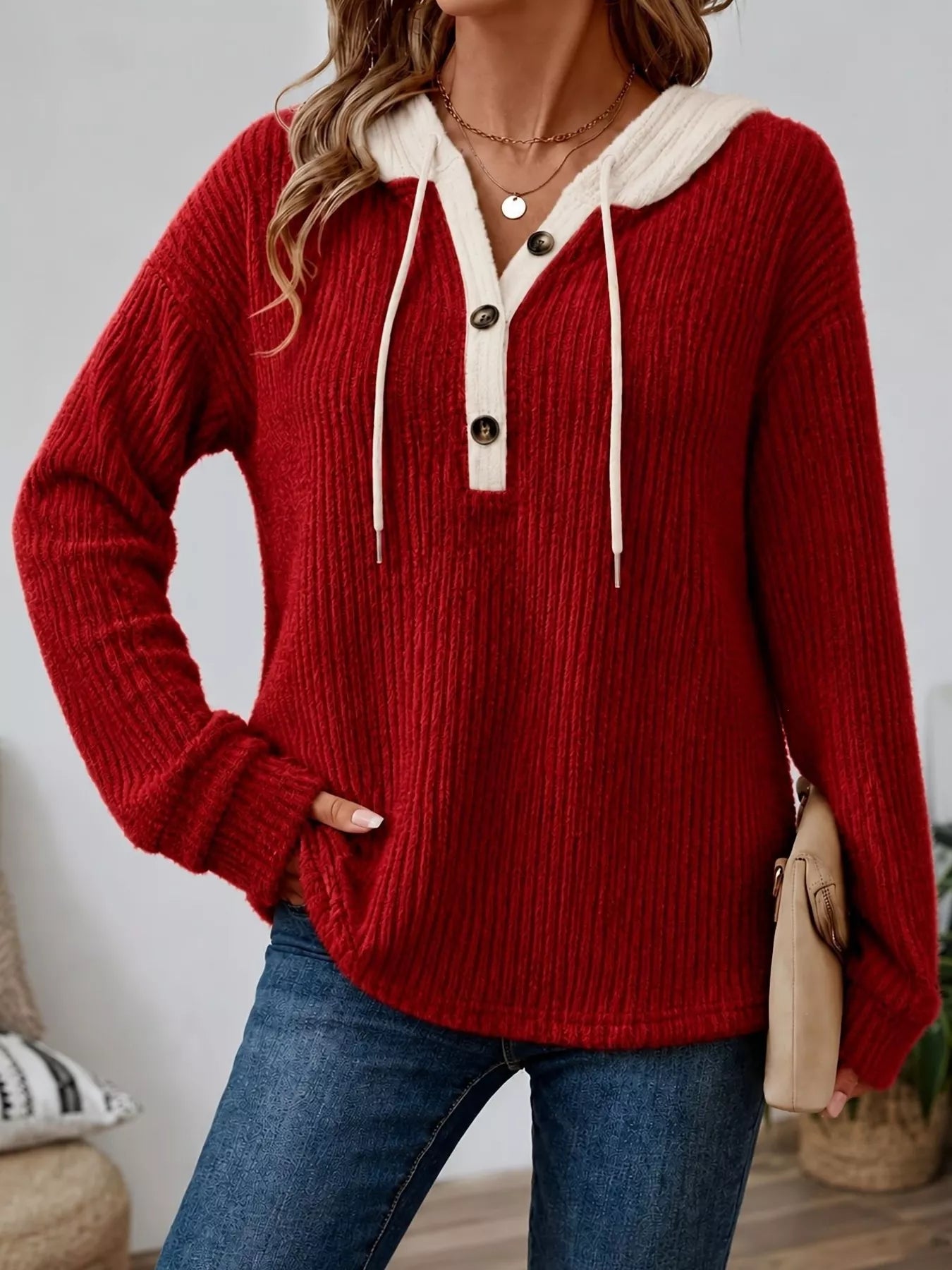 Trendsi Full Size Drawstring Button Detail Hooded Sweater Plus Size -