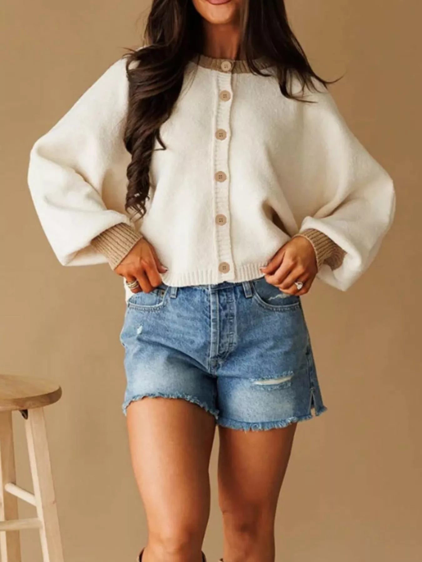 Trendsi Button-Front Knit Cardigan with Contrast Trim -