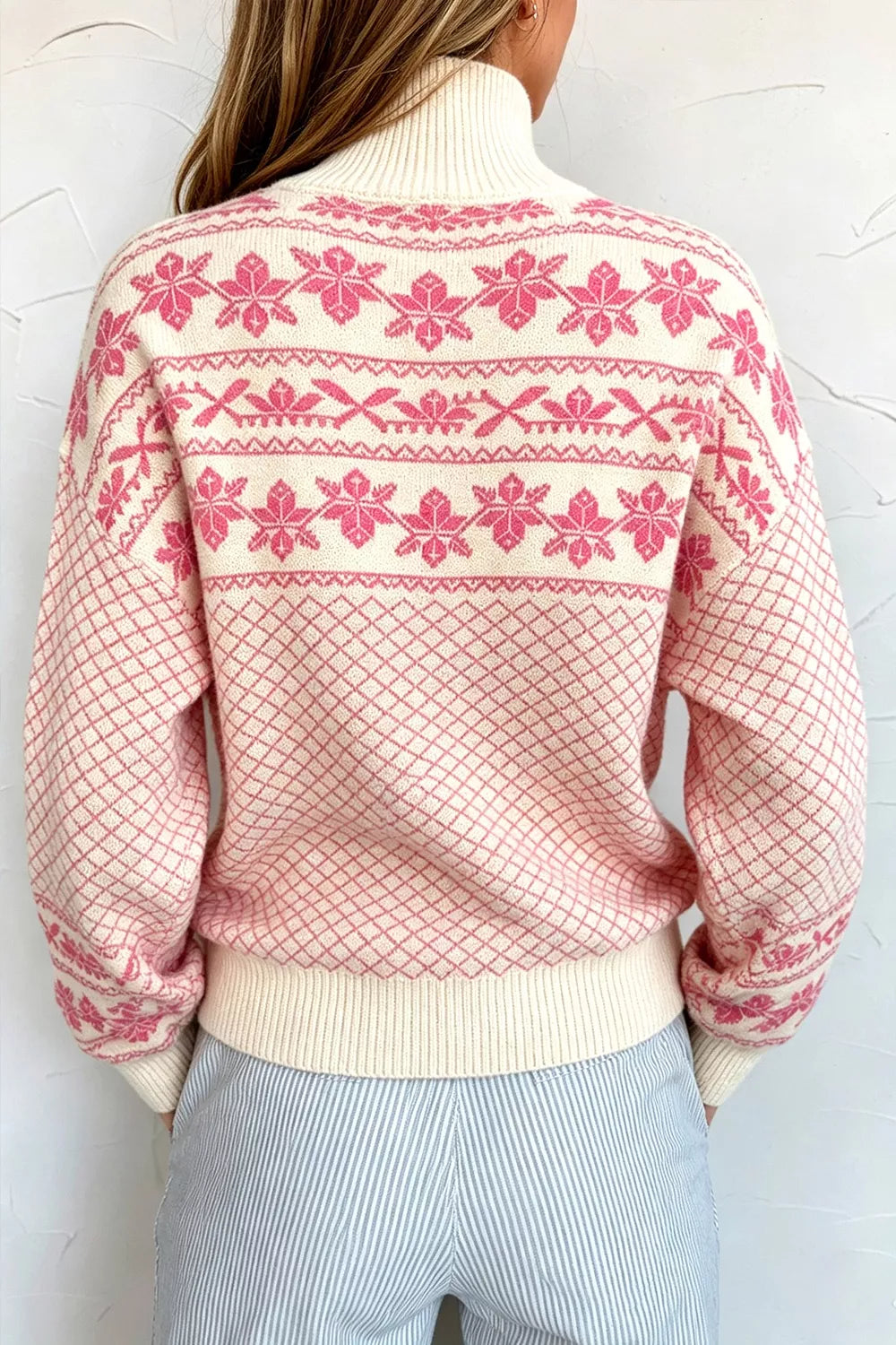 Pale Blush Fair Isle Quarter-Button Mock Neck Sweater back view