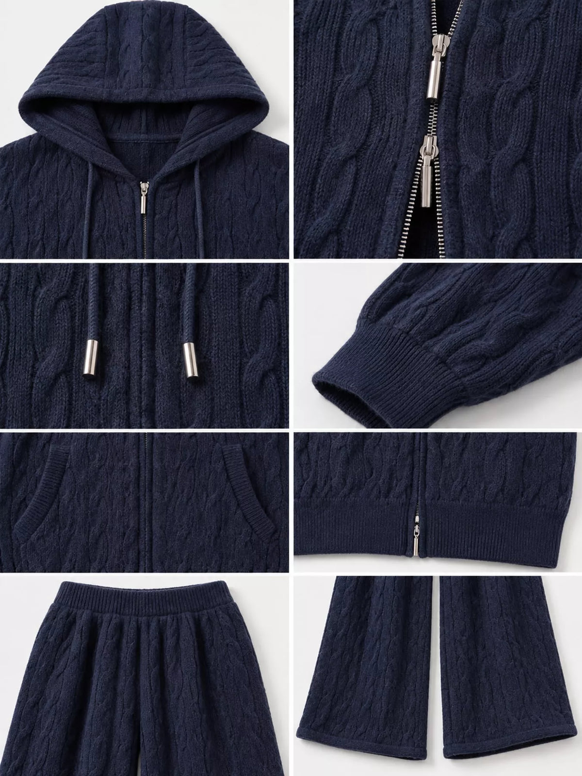 Cable-knit cardigan and pants set, navy detail collage