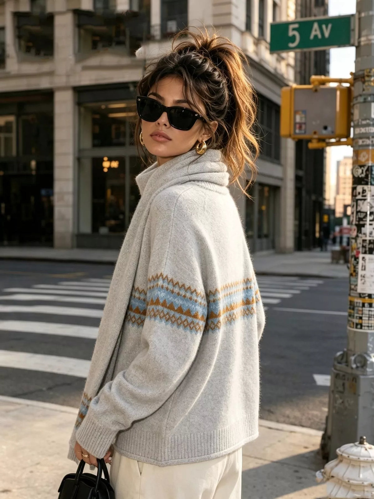 Light gray geometric button-front knit cardigan, side view.