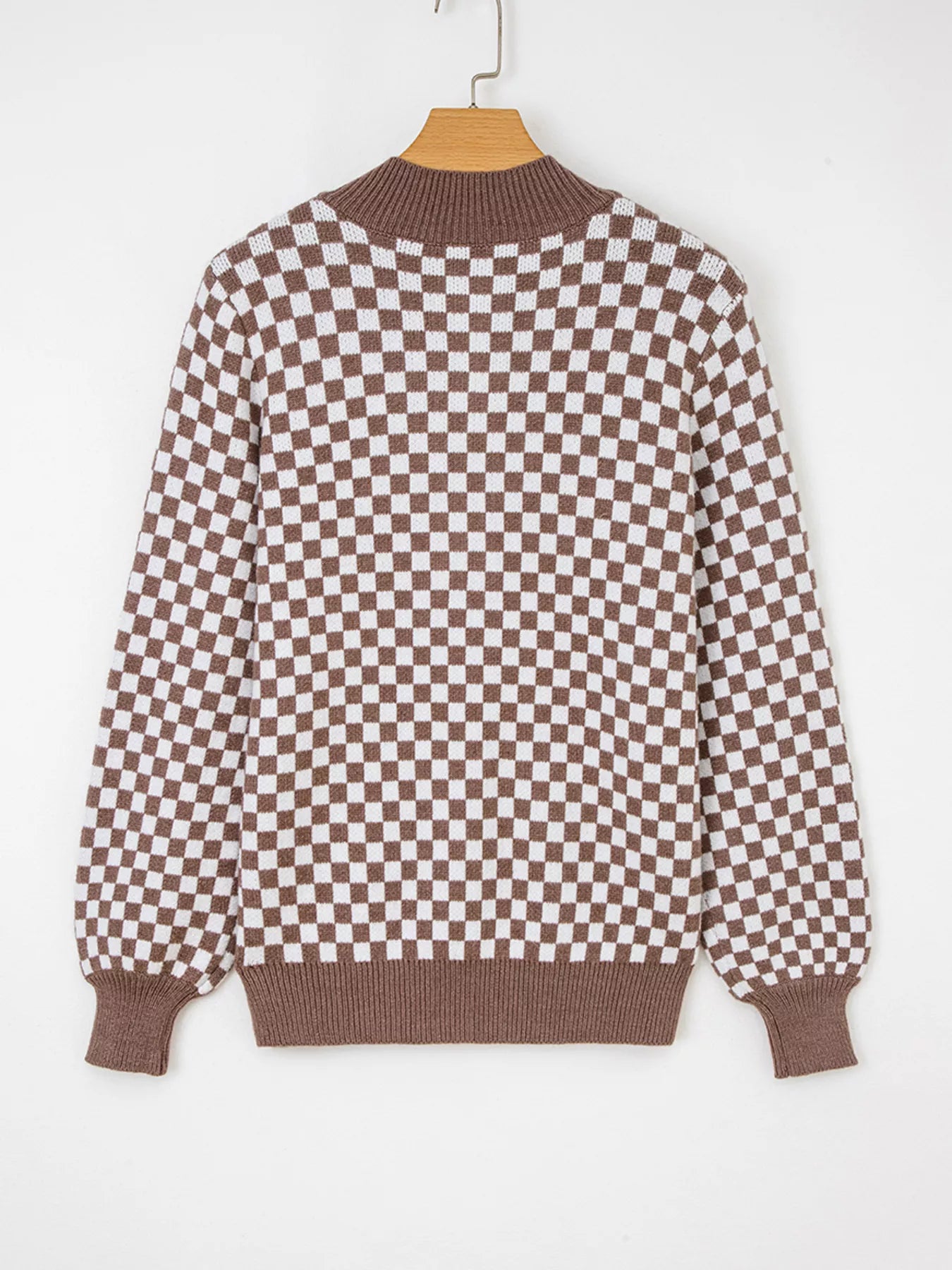 Trendsi Half Button Ribbed Trim Checkerboard Knit Sweater -