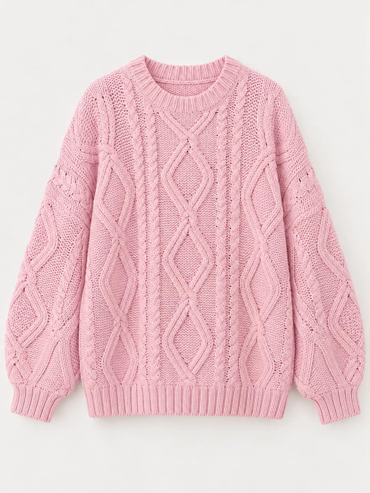 Pink cable-knit round neck sweater, back view
