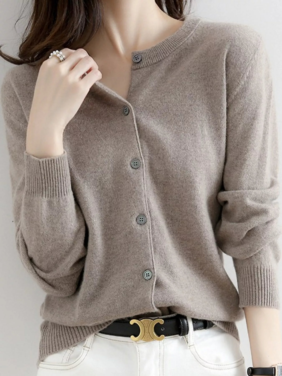 Button-down cardigan, taupe front