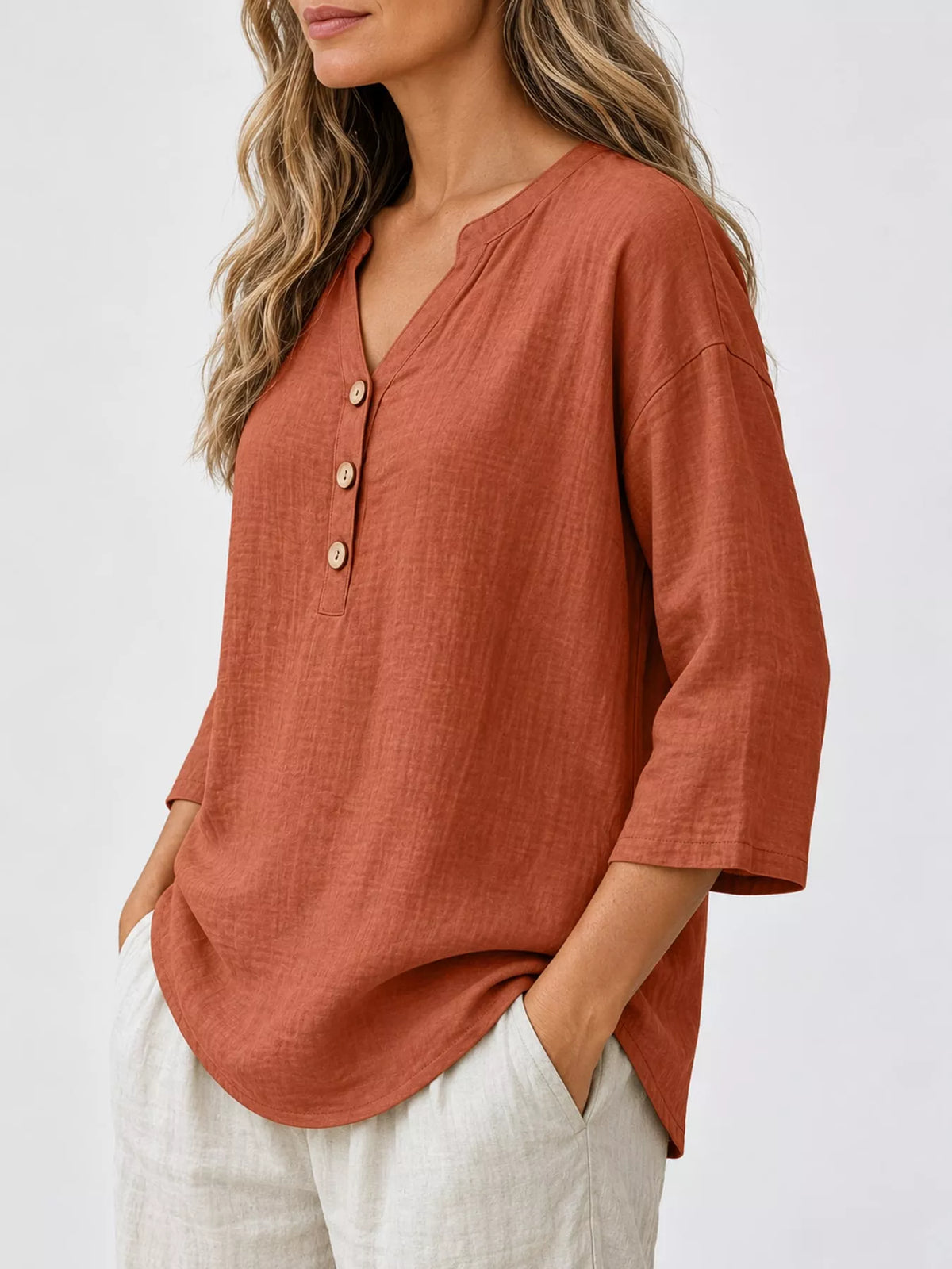 Button Notched 3/4 Sleeve Blouse in rust, side view