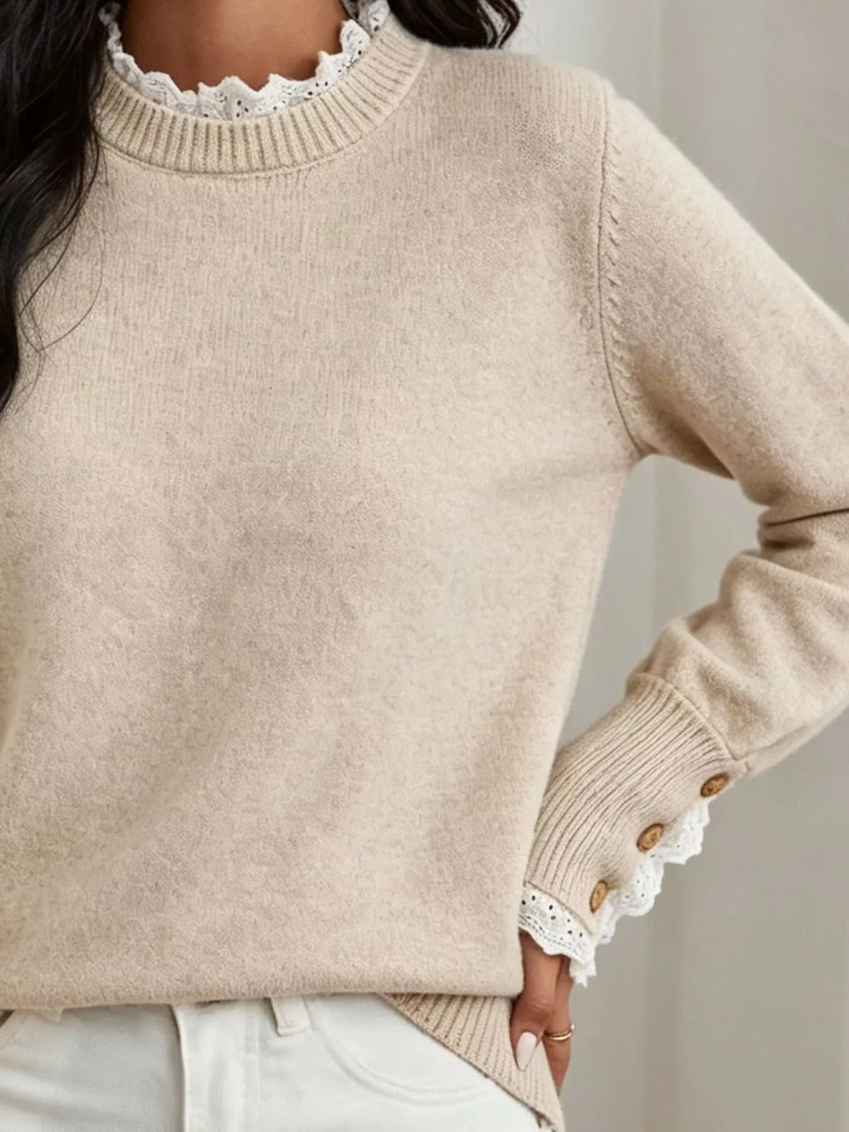 Trendsi Lace Trim Mock Neck Sweater -