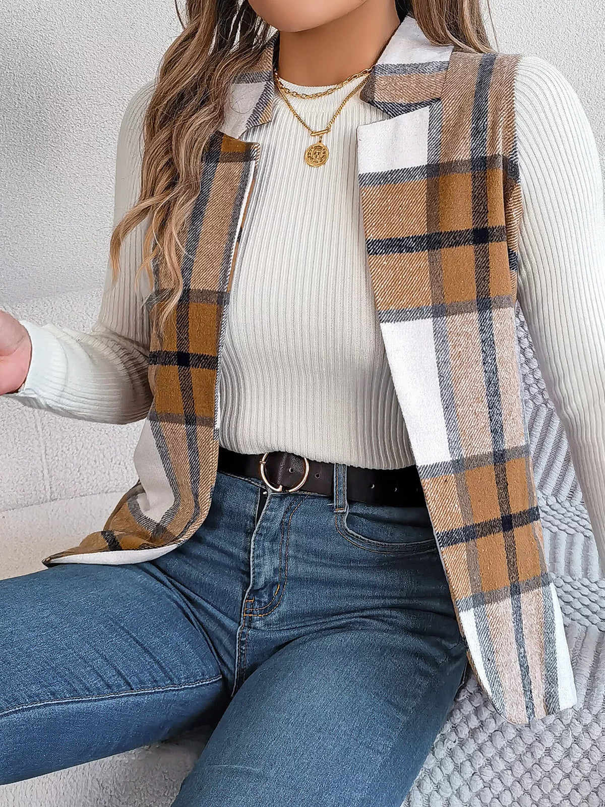 Khaki Color plaid open front vest