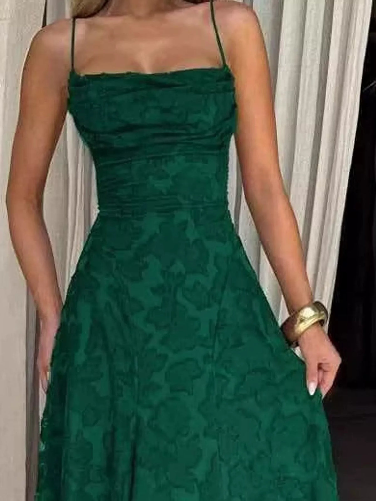 Green backless lace maxi dress, side view