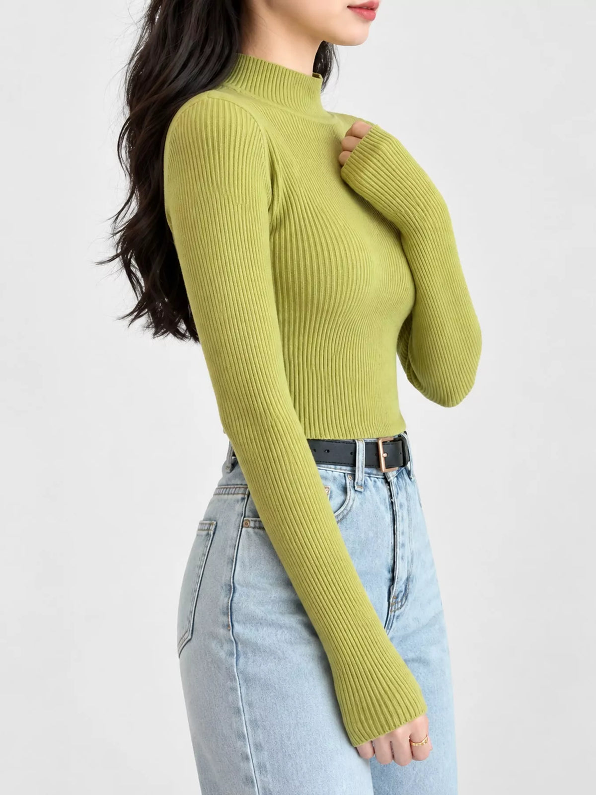Lime ribbed mock neck long sleeve knit top