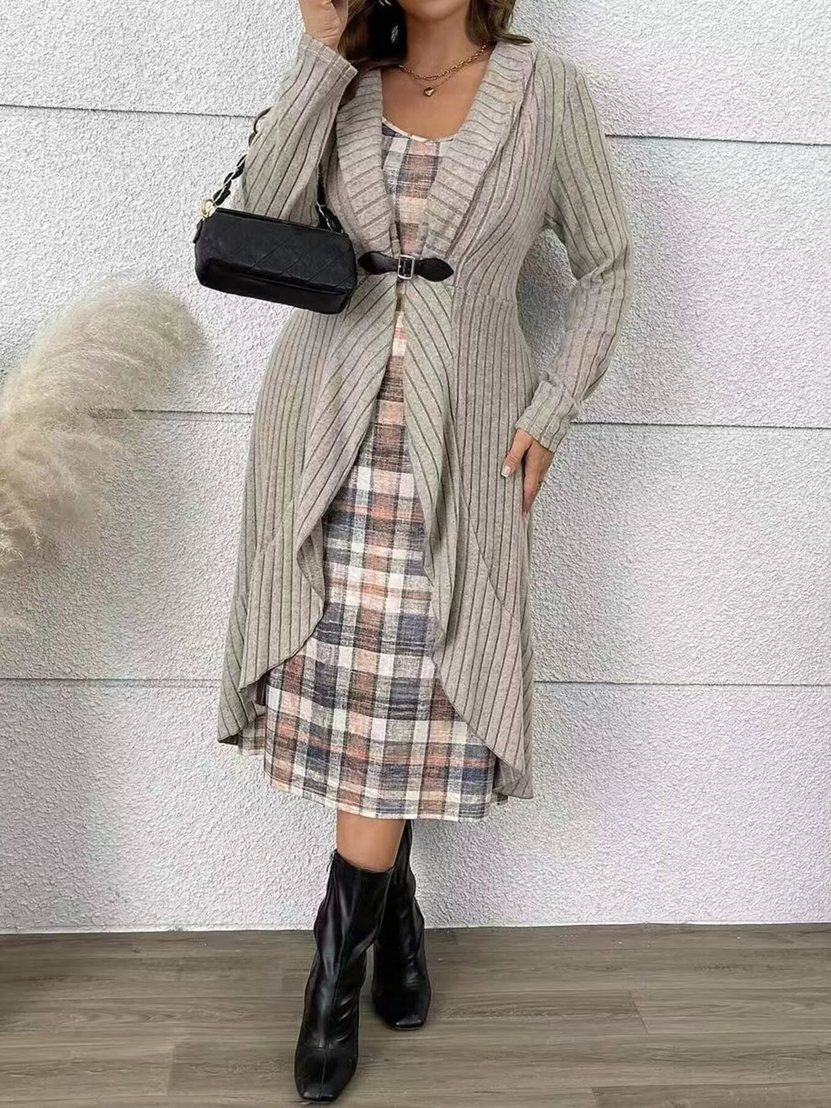 Taupe and plaid ribbed cardigan and plaid dress set, set front view with bag